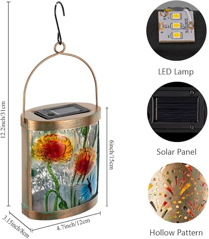 Starsoul 2 Pack Hanging Solar Lantern Outdoor Waterproof Glass Butterfly and Flowers Decorative Solar Lights for Outside Garden Yard Table Patio Decor