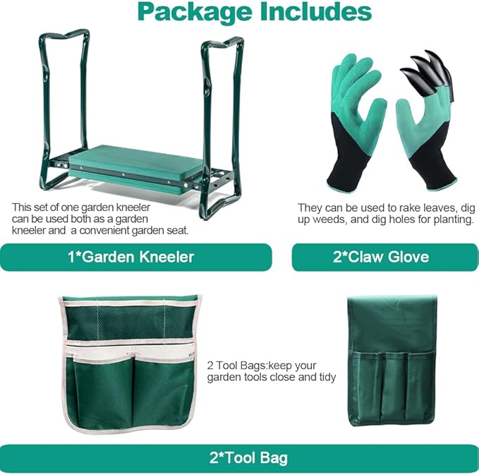 Garden Kneeler and Seat,with 2 Tool Bags Pouches and Claw Gloves,Portable Lightweight Garden Bench Thicken EVA Foam Pad Sturdy Steel Pipe Practical Garden Tools(Green)