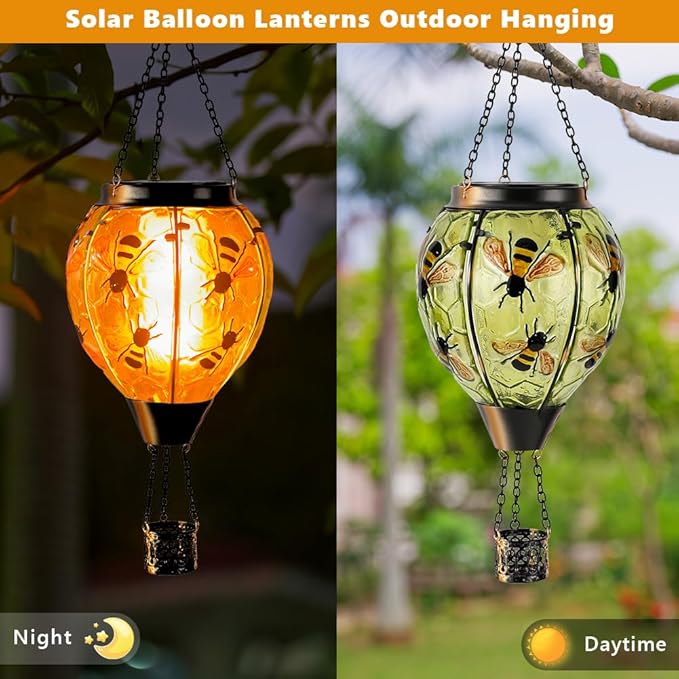 Starsoul Hot Air Balloon Solar Lantern Bee Glass Hanging Outdoor Hot Air Balloon Solar Flickering Flame Light Waterproof Garden Patio Yard Party Decorations
