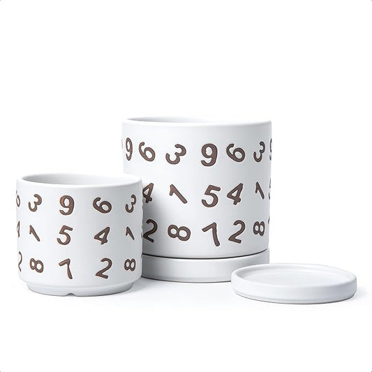 D'vine Dev Set of 2 Ceramic Planter Pots with Drainage Hole and Saucer, 4.5 Inch 6 Inch Plant Pots for Plants Indoor Houseplants, White, 99-B-1