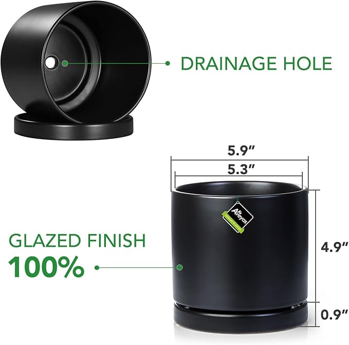 Aveyas 6 inch Ceramic Plant Pot with Drainage Hole and Saucer - Suitable for Indoor and Outdoor Use, Modern Planters for House Garden Orchid Flower Snake Monstera Plants (6", Matte Black)