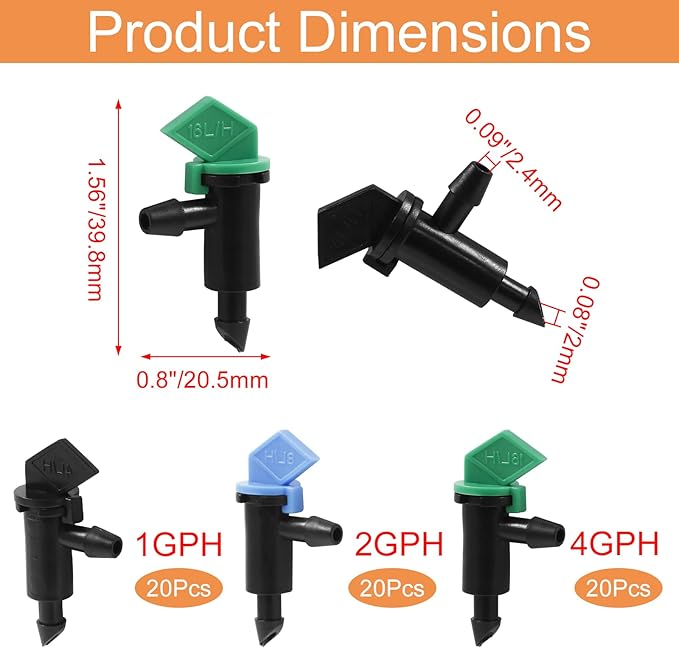 60 Pack Drip Emitter Drip Emitters Flag Irrigation Dripper for 4mm/7mm Hose for Garden Lawn, 1GPH, 2 GPH, 4GPH