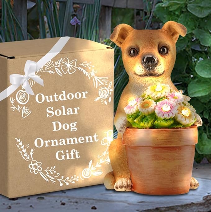 Muldale Solar Dog Statues Outdoor - Solar Powered Outdoor Dog Garden Statue - Hand Painted Floral Plant Pot Light Up