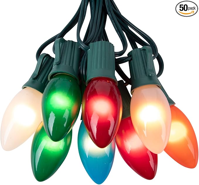 Multicolor C9 Christmas Lights Ceramic, C9 50ft Vintage Incandescent String Lights with Opaque Bulbs for Christmas Tree Patio Roofline Outdoor Indoor Holiday Xmas Decorations, 50 Bulbs with 2 Spare