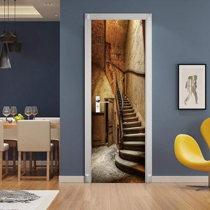 3D Door Wallpaper Self-Adhesive Door Sticker - Old Stairs - Door Film Poster Premium PVC Waterproof Wall Sticker for Bedroom Living Room Door Decoration Wallpaper 90 x 200 cm