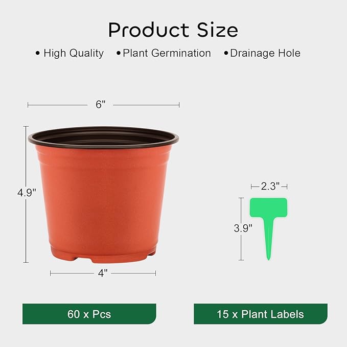 GROWNEER Nursery Pots 60 Packs 6 Inch Plastic Planting Pot with 15 Pcs Plant Labels, Seed Starting Flower Planter Container Seedling Starter Kit for Succulents Cuttings Transplanting
