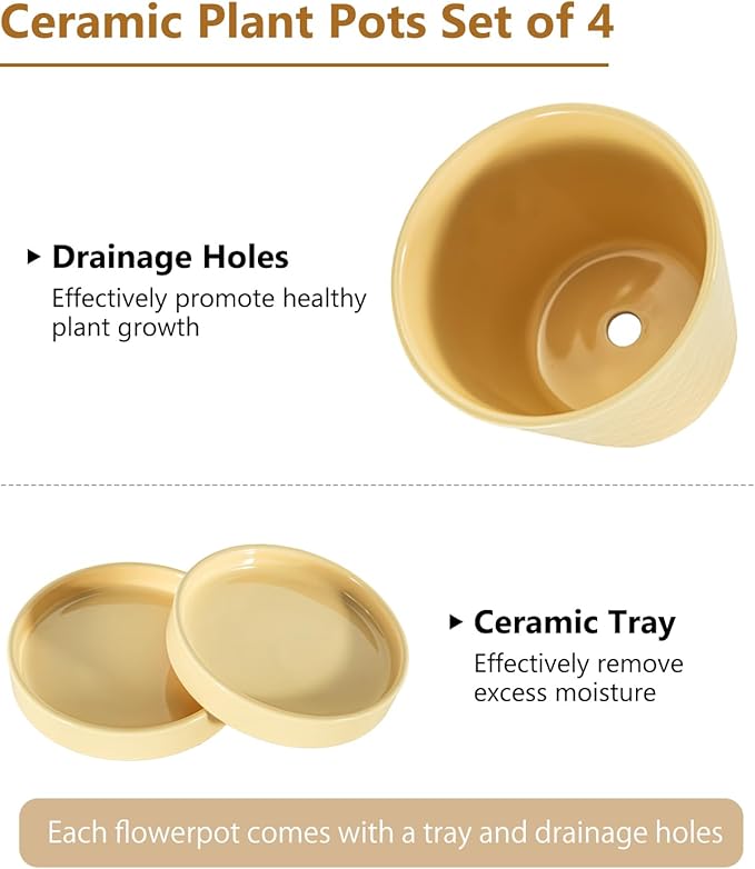 EFISPSS Ceramic Plant Pots, 5Inch Pots for Indoor Plants, Planters with Drainage Holes and Ceramic Tray, Flower Pots Desktop Office Windowsill Decoration Gift - Faint Yellow