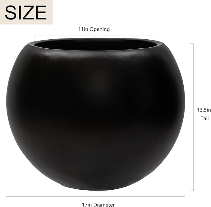 13.5 H x 17" Dia (12" Pot Opening) Black Round Fiberstone Planter with Drainage Hole, Indoor/Outdoor Large Plant Pot for Home Patio Garden, Ideal for Large Plants