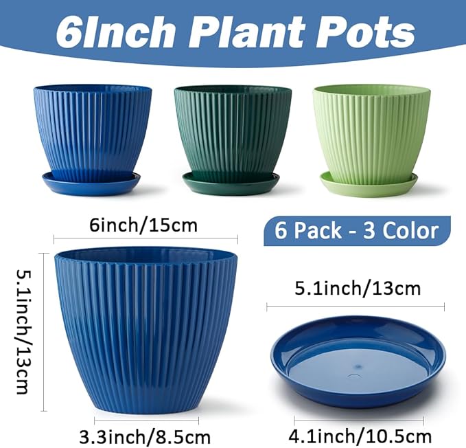6 Pack Plant Pots with Drainage Holes and Saucers 6 Inch Plastic Planter with 3 Colors Indoor and Outdoor Flower Pots