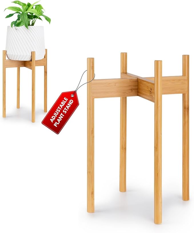 Fox & Fern Adjustable Tall Plant Stand Indoor — 8 to 12 Inch Mid Century Bamboo Plant Stand with Adjustable Width; Plug In Design; Easy to Assemble; Two Height Options - For 8, 9, 10, 11 & 12 In Pots