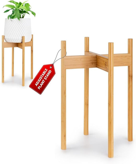 Fox & Fern Adjustable Tall Plant Stand Indoor — 8 to 12 Inch Mid Century Bamboo Plant Stand with Adjustable Width; Plug In Design; Easy to Assemble; Two Height Options - For 8, 9, 10, 11 & 12 In Pots