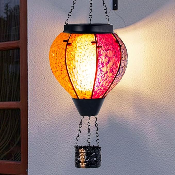 Solar Hot Air Balloon Outdoor Lantern with Flickering Flame, Handmade Glass Hanging Outdoor Lantern Waterproof Decorative Lantern Lamp for Patio, Garden, Porch (Colorful)