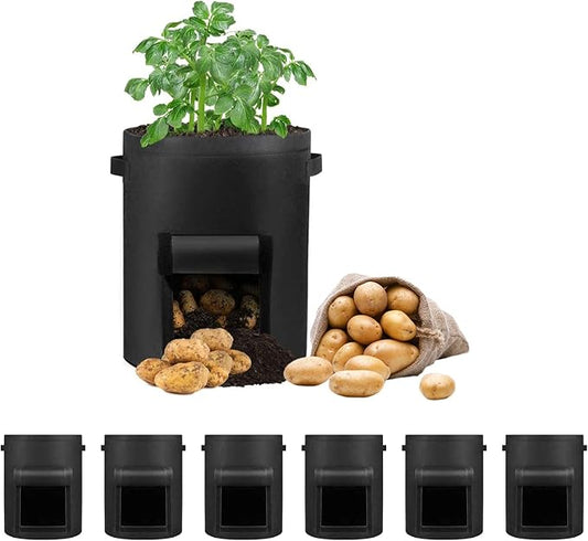 6 Pack 7 Gallon Potato Grow Bags, Heavy Duty Nonwoven Fabric Garden Planting Bag Plant Container with Flap and Handles, Aeration Fabric Pots for Growing Vegetable, Fruits and Flowers