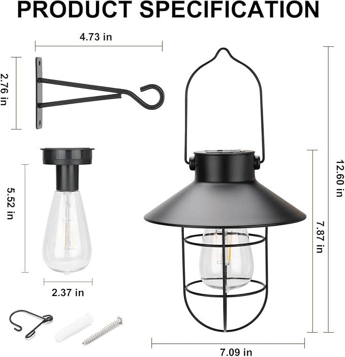pearlstar Solar Lanterns Outdoor Metal Solar Powered Hanging Lights Waterproof for Wall Yard Garden Patio Garage Balcony Porch Fence Decor, Warm White Edison Bulb,with Wall Mount Kit（Black-1pack）