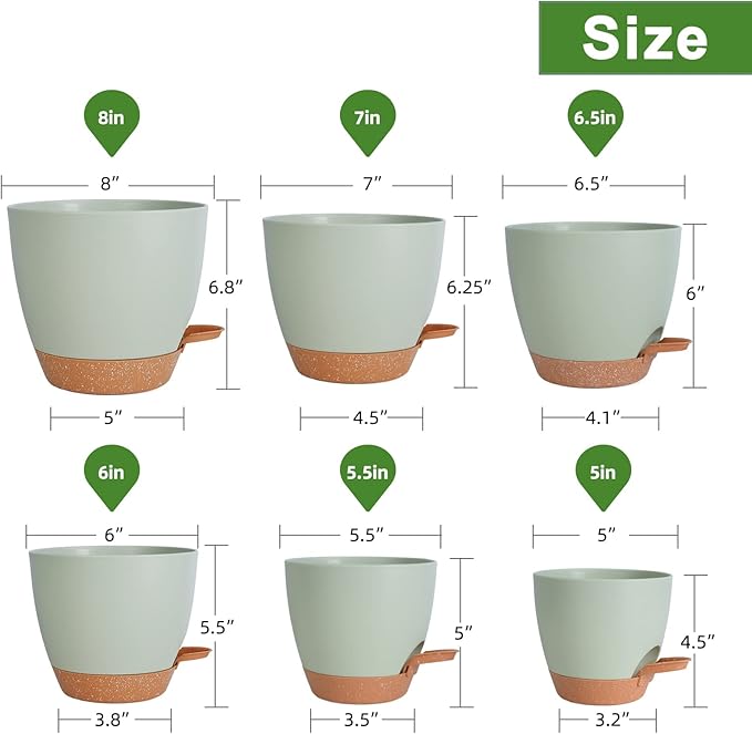 Planters for Indoor Plants, 8/7/6.5/6/5.5/5 Inch Self Watering Planters with Drainage Hole, Plastic Planters Flower Pots for Indoor Outdoor Plants (Green)