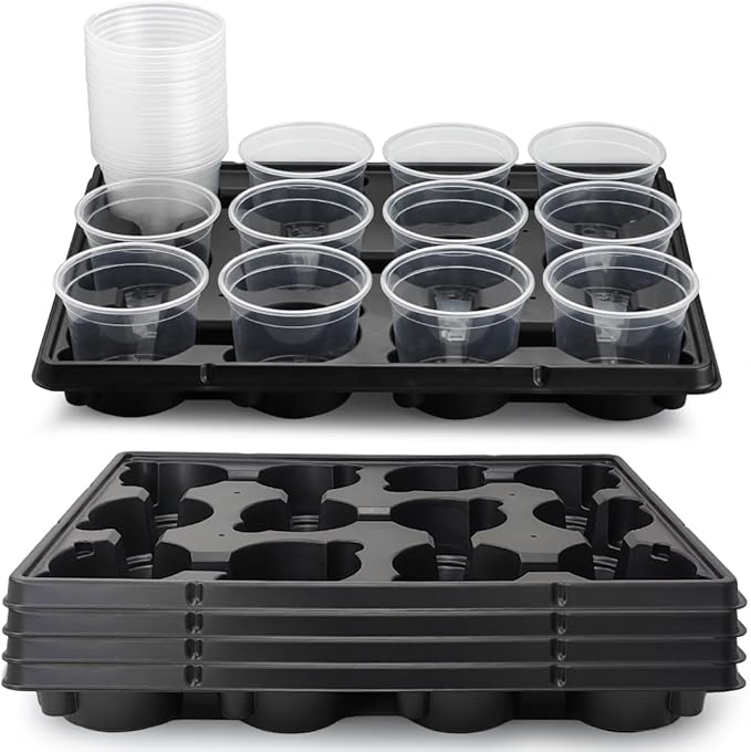 12 Cell Nursery Pot Trays 5 Pack with 4 Inch Clear Plant Pots 60 Pack, Thick Sturdy Seeds Starting Germination Shuttle Carrying Trays, Black Small Planter Nursery Propagation 5 Sets