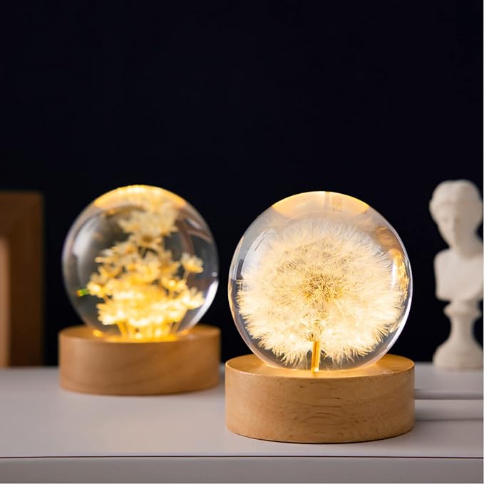 Flower Crystal Ball Night Light,2.4 inch Glass Ball Night Lamp with Woodern Base (Dandelion)