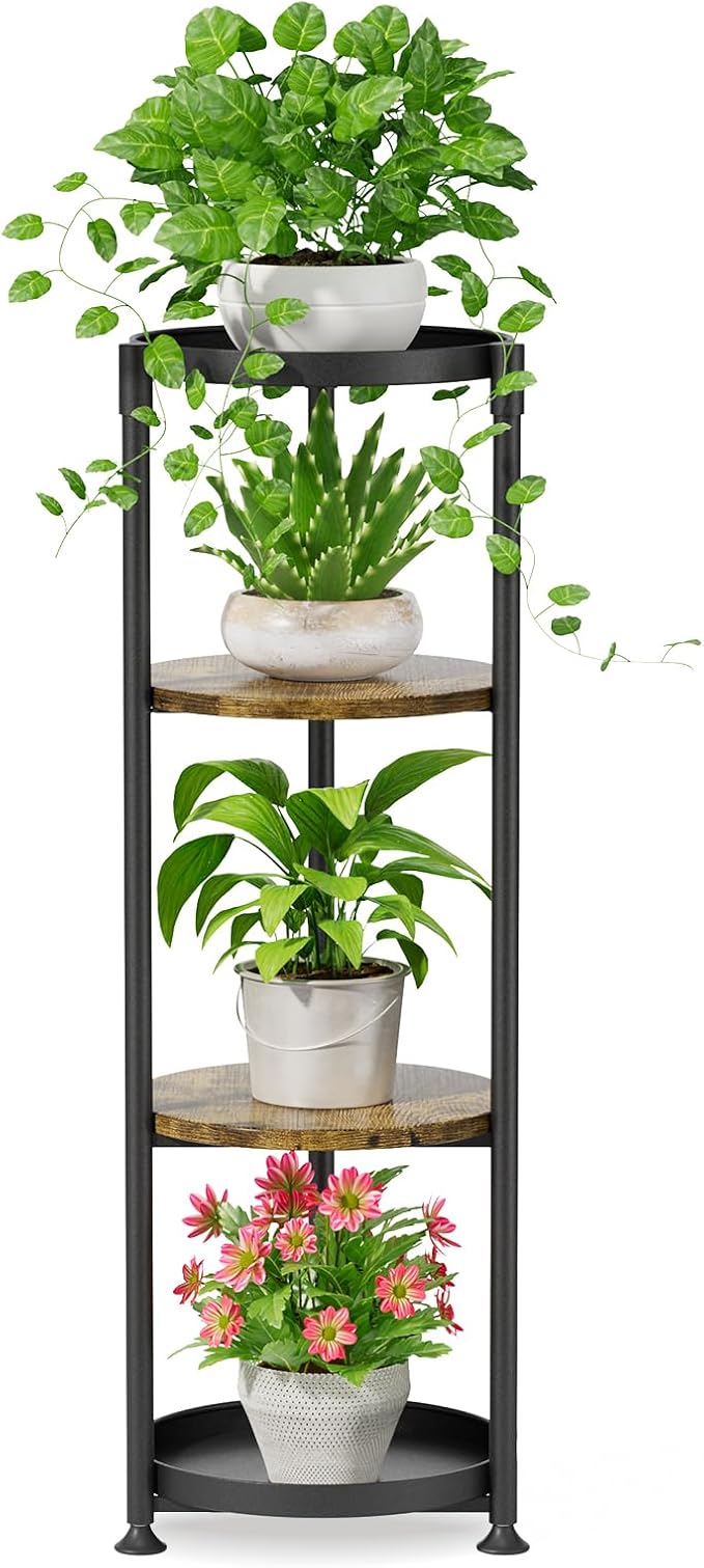iDavosic.ly 4 Tier Corner Plant Stand Indoor, 45 Inch Tall Vertical Metal Flower Heavy Duty Pot Holder Shelf Outdoor for Patio Porch Living Room, Modern Black & Rustic Brown - Round