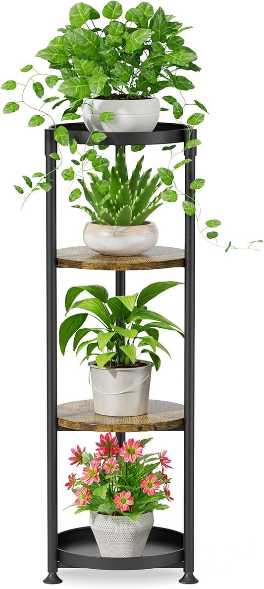 iDavosic.ly 4 Tier Corner Plant Stand Indoor, 45 Inch Tall Vertical Metal Flower Heavy Duty Pot Holder Shelf Outdoor for Patio Porch Living Room, Modern Black & Rustic Brown - Round