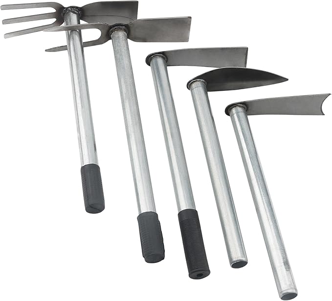 5 PCS Hoe Garden Tool Set, Hoe and Cultivator Hand Tiller, Heavy Duty Digging Hoe, 2 Fork and 3 Fork Hand Tiller for Gardening Weeding Digging Loosening Soil, Carbon Steel