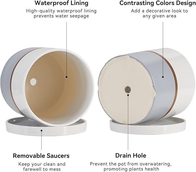 Ekirlin 4 inch Plant Pot - Ceramic Flower Planters Indoor - Modern Succulents Containers with Drain Hole Saucer, Decorate Home, Office & Outdoor (Grey)