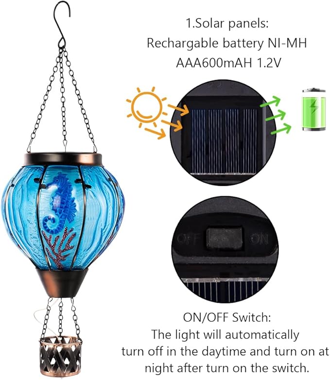 Seahorse Solar Hot Air Balloon Lantern with Flame Flickering Light,Glass Hot Air Balloon Solar Lanterns Outdoor Waterproof Hanging Outdoor Lights for Yard,Patio,Porch Garden Gift for Women