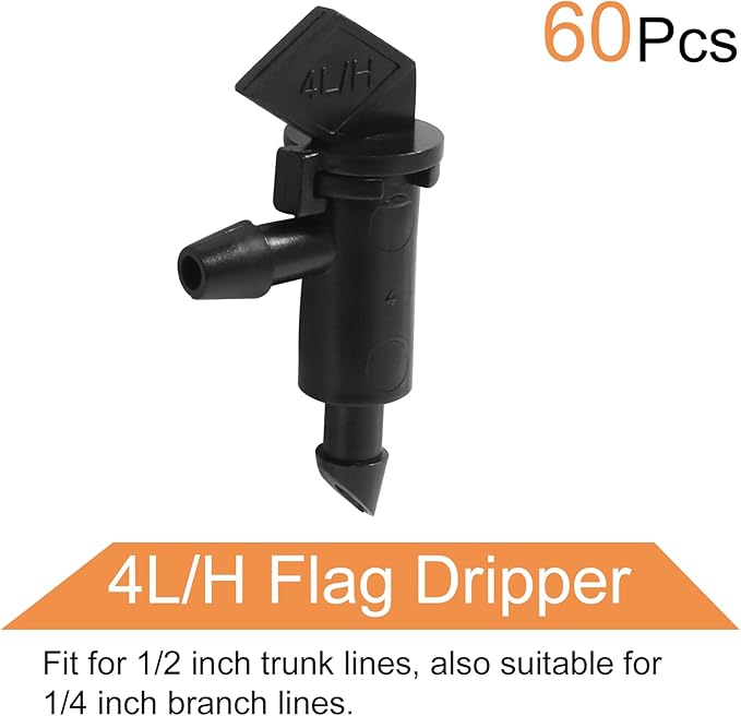 60 Pack 1GPH Drip Emitter Drip Emitters 4L/H Flag Irrigation Dripper for 4mm/7mm Hose for Garden Lawn, Black