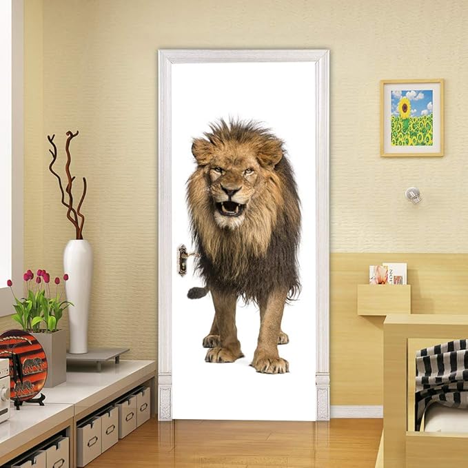 3D Lion Door Stickers - Peel & Stick - Waterproof & Washable - Matt Finish - Realistic Animal Print - Red, Brown, Beige - 37.4 x 82.7 inch - 2 Pieces