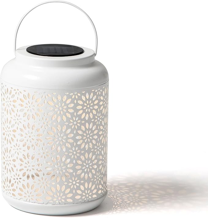 Glitzhome Solar Lantern White Metal Cutout Flower Outdoor Hanging Solar Light with Handle for Garden Patio Yard Outdoor Decor