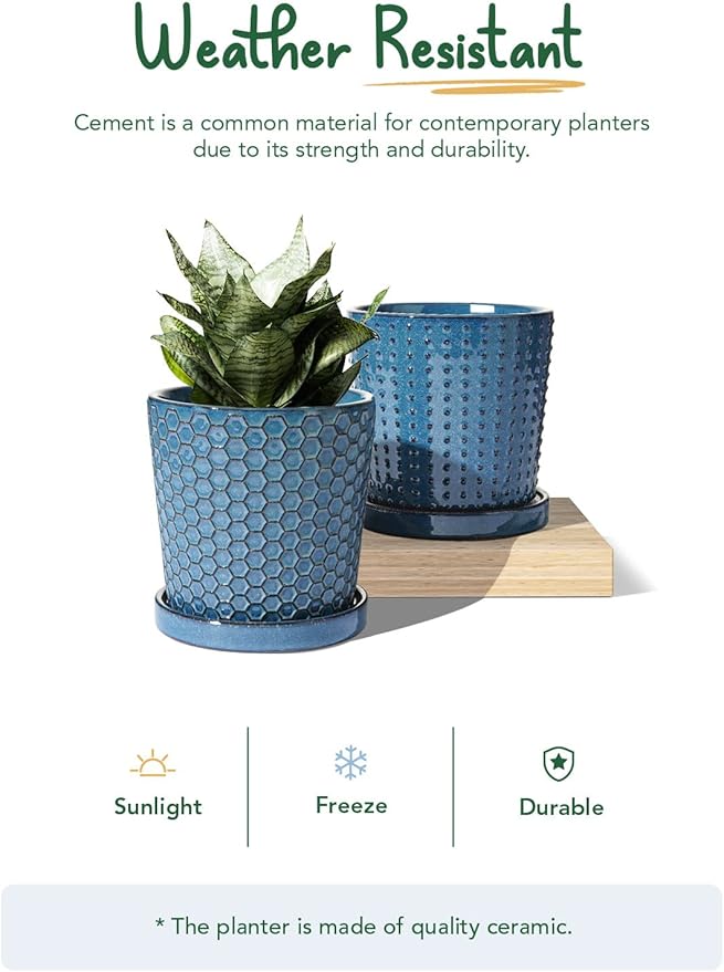 LE TAUCI Ceramic Plant Pots, 5.5 Inch Pots for Indoor Plants, Planters with Drainage Hole and Saucer, Flower Pots for Succulent, Snake Plants and Cactus, Set of 2, Reactive Glaze Blue