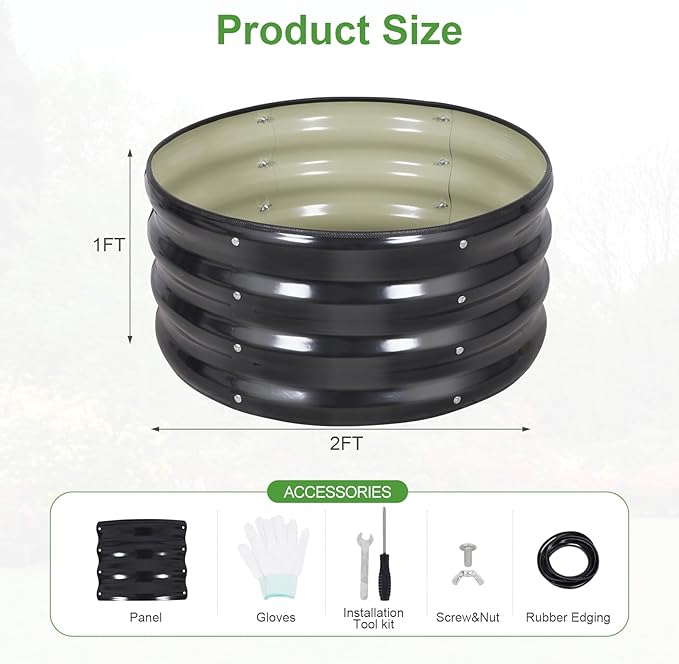 Galvanized Raised Garden Bed- 2Pcs 2x2x1FT Metal Planter Boxes Outdoor | Round Steel Raised Bed Kit & Fire Pit Ring for Gardening with Protective Tape, Gloves for Vegetables, Flower (Grey)