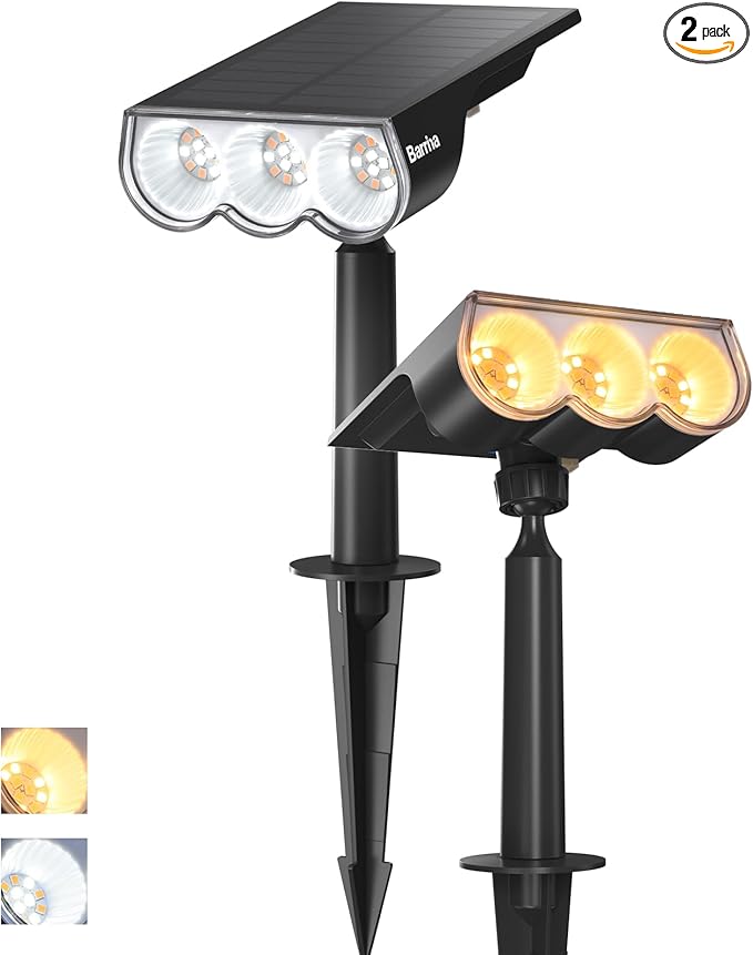 Barrina Solar Spot Lights Outdoor, 2-in-1 6500K & 2700K,360° Adjustable,3 Lighting Modes Solar Lights Waterproof, Auto On/Off 36 LEDs Landscape Spotlights for Garden Patio Yard Pool, 2 Packs
