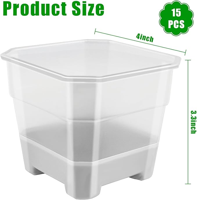 15 Packs 4 Inch Reinforced Clear Nursery Pots for Plants, Plastic Plant Pots with Silicone Base for Easy Transplant, Reusable Seedling Planting Pots Seed Starter with Drainage Holes (15, Gray)
