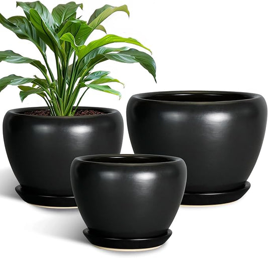 Ceramic Planters Pots - 10 Inch 8 Inch 6 Inch Plant Pots Indoor with Drainage Holes and Saucers Large Planters Mid-Century Flower Pots Outdoor Set of 3 Black