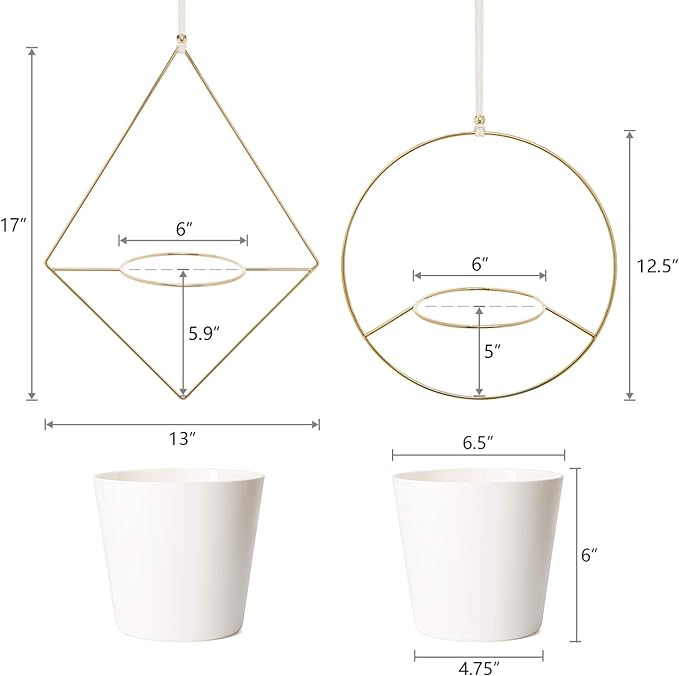 Mkono Boho Metal Hanging Planter with Plastic Pots, Set of 2 , Modern Mid Century Flower Pot Plant Holder in Diamond and Circle Shape, Fits 6 Inch , Gold