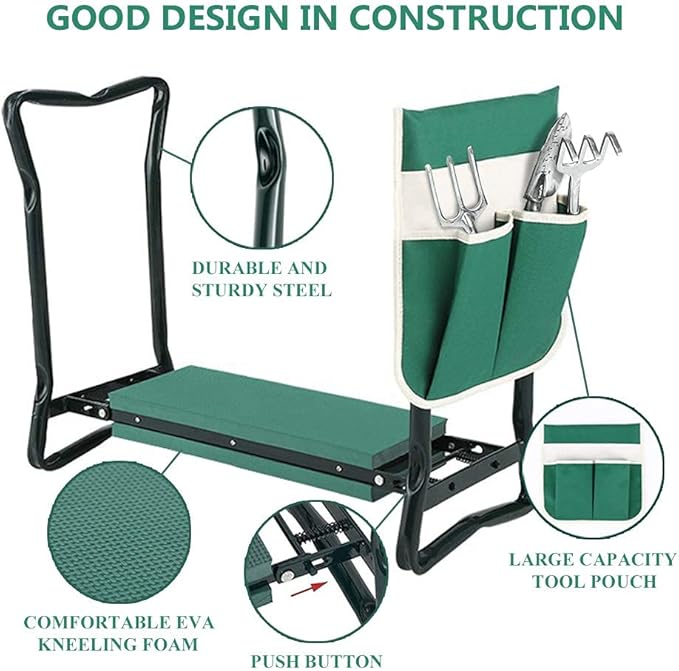 Garden Kneeler and Seat Stool Heavy Duty Garden Folding Bench with Large Tool Pocket and Soft EVA Kneeling Pad for Gardening Lovers