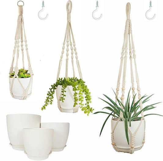 Macrame Plant Hangers with Pots and Saucers, 3 Pack Hanging Planters for Indoor Plants Hanging Plant Holders with Hooks 34" / 26" / 20"