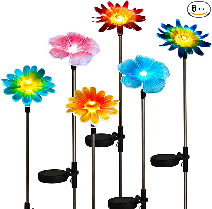 Solar Garden Outdoor Lights Decor,6 Pack Stake Yard Figurine Colorful Flower Light for Outside Pathway, Garden, Lawn, Patio, Driveway