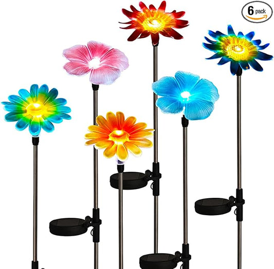 Solar Garden Outdoor Lights Decor,6 Pack Stake Yard Figurine Colorful Flower Light for Outside Pathway, Garden, Lawn, Patio, Driveway