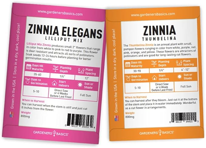Gardeners Basics, Zinnia Seeds for Planting Outdoors Flower Seeds (5 Variety Pack) Thumbelina, Lilliput, Envy, Purple Prince and Pompon Varieties for Butterflies, Bees, Pollinators Wildflower Seed