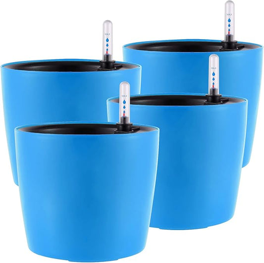 KINJOEK 4 Packs 7 Inch Self Watering Pot with Water Level Indicator, Blue Modern Garden Decorative Flower Self-Watering Planter for Indoor Plants Grow African Violets Succulents
