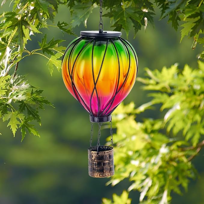 Colorful Solar Hot Air Balloon Lantern with Flame Flickering,Garden Decor Glass Hot Air Balloon Solar Lantern Outdoor Waterproof Hanging Light for Patio,Porch,Yard Mother Day Gifts for Women
