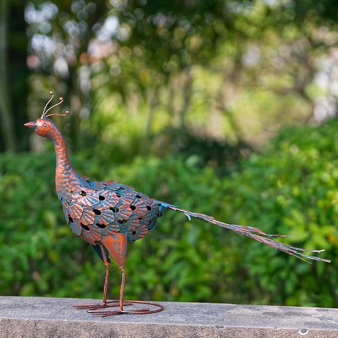 VEWOGARDEN Peacock Outdoor Statues Metal Peacock Tail Spread Garden Sculptures & Statues for Yard Lawn Patio Pool Outside Decorations, Blue & Bronze