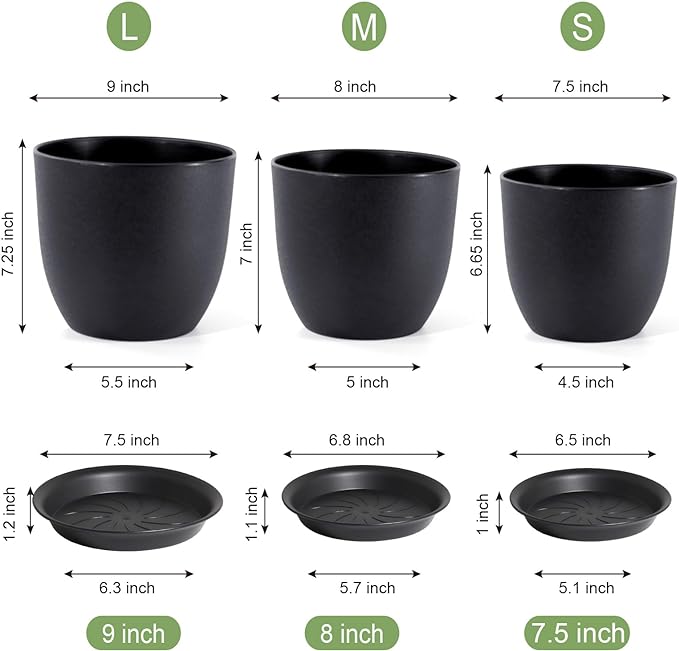 9/8/7.5 inch Plant Pots, Set of 3 Modern Decorative Plastic Planters with Drainage Holes and Tray, Flower Pots for Indoor Outdoor Plants, Black