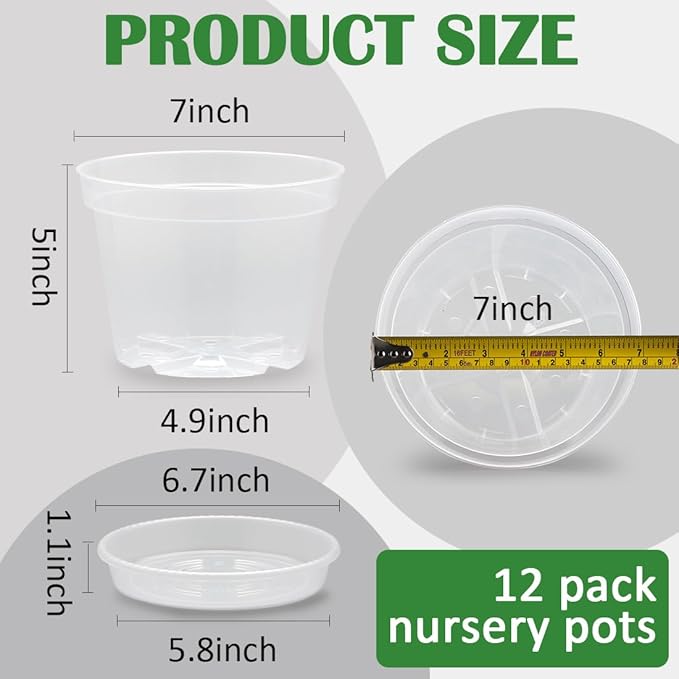 12 Pack 7 Inch Clear Nursery Pots with Saucer, Transparent Plastic Plant Pots with Drainage Holes, Sturdy Plant Starter Pots, Garden Planter Pot for Planting Succulents Flowers Herb Vegetables