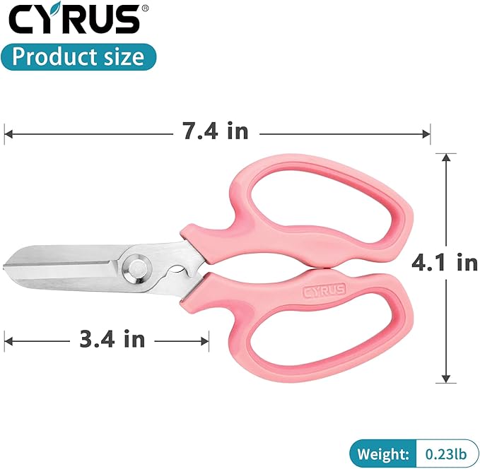 CYRUS Garden Shears Pruner Secateurs 7.5" Pruning Scissors with Integrated Stab Remover Flower Sharp Gardening hand tools Florist Bonsai Cutters Rose Snips Pink