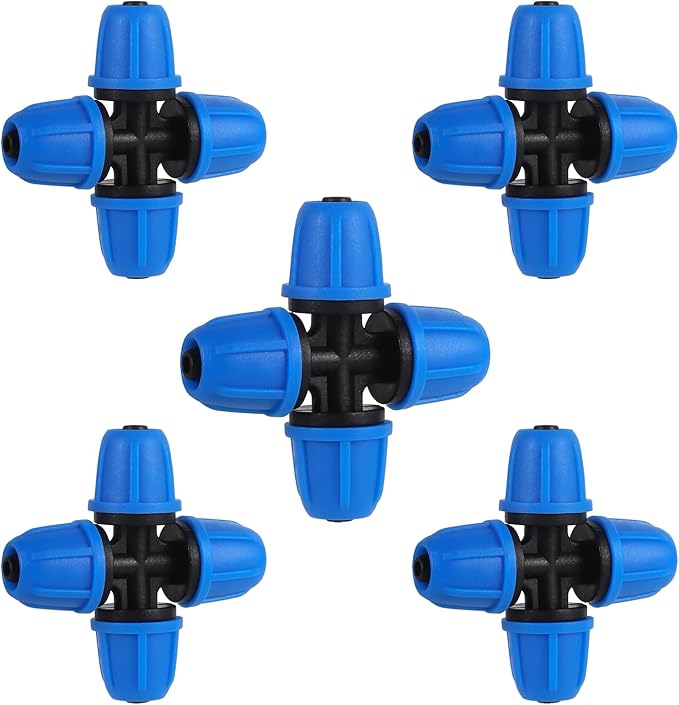 1/4 inch Drip Irrigation Fittings, Lock Barbed 4 Way Couplings for ¼ in. tubing; Tubing Outside Diameter (OD) is 0.250 in., Internal Diameter (ID) is 0.170. in.(20Pcs/Pack) (Blue-4-Way)