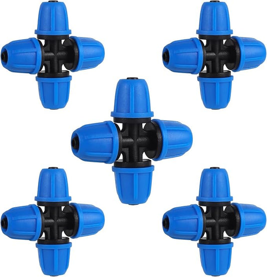 1/4 inch Drip Irrigation Fittings, Lock Barbed 4 Way Couplings for ¼ in. tubing; Tubing Outside Diameter (OD) is 0.250 in., Internal Diameter (ID) is 0.170. in.(20Pcs/Pack) (Blue-4-Way)