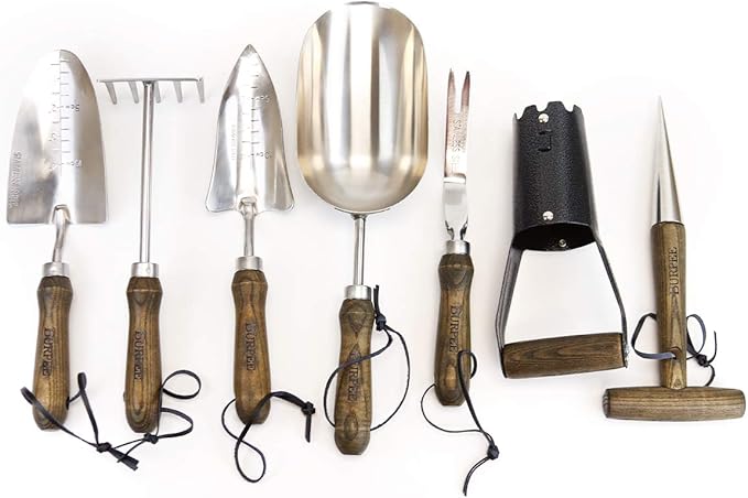 Burpee 13" Stainless Steel Transplanter | Durable Long Lasting Garden Tool | Leather Wrist Strap 5" Handle, Walnut