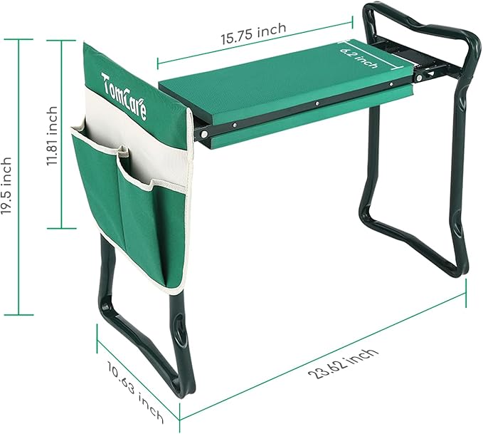 TomCare Garden Kneeler Seat Garden Bench Garden Stools Foldable Stool with Tool Bag Pouch EVA Foam Pad Outdoor Portable Kneeler for Gardening（Large-21.65" x 10.62" x 18.89", Green）